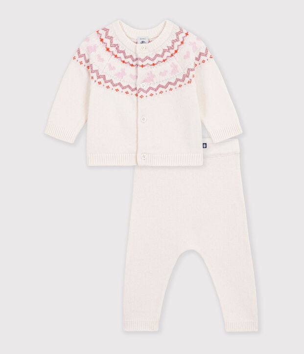 Ensemble b&eacute;b&eacute; en tricot &agrave; motif jacquard &eacute;cru/rose