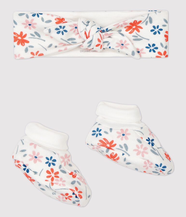 Lot bandeau et chaussons fleuri b&eacute;b&eacute; fille en coton biologique multicouleur