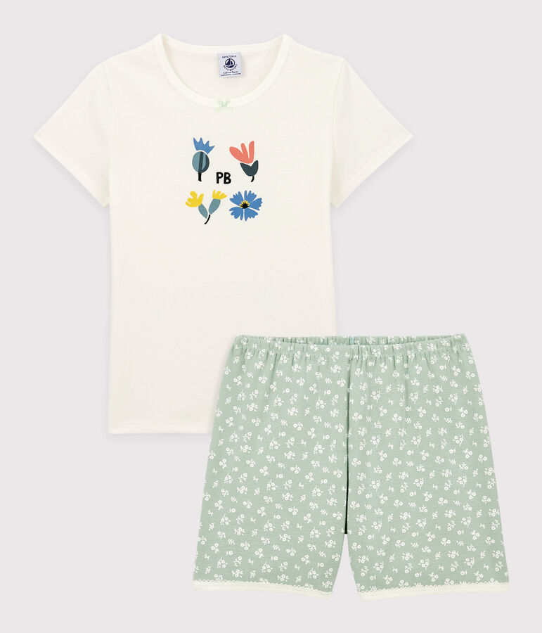 Pyjacourt fleurs petite fille en coton blanc/vert
