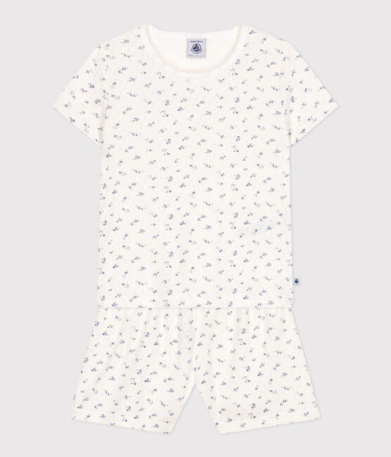 Pyjama short enfant en coton ajouré imprimé fleurs blanc MARSHMALLOW/blanc MULTICO