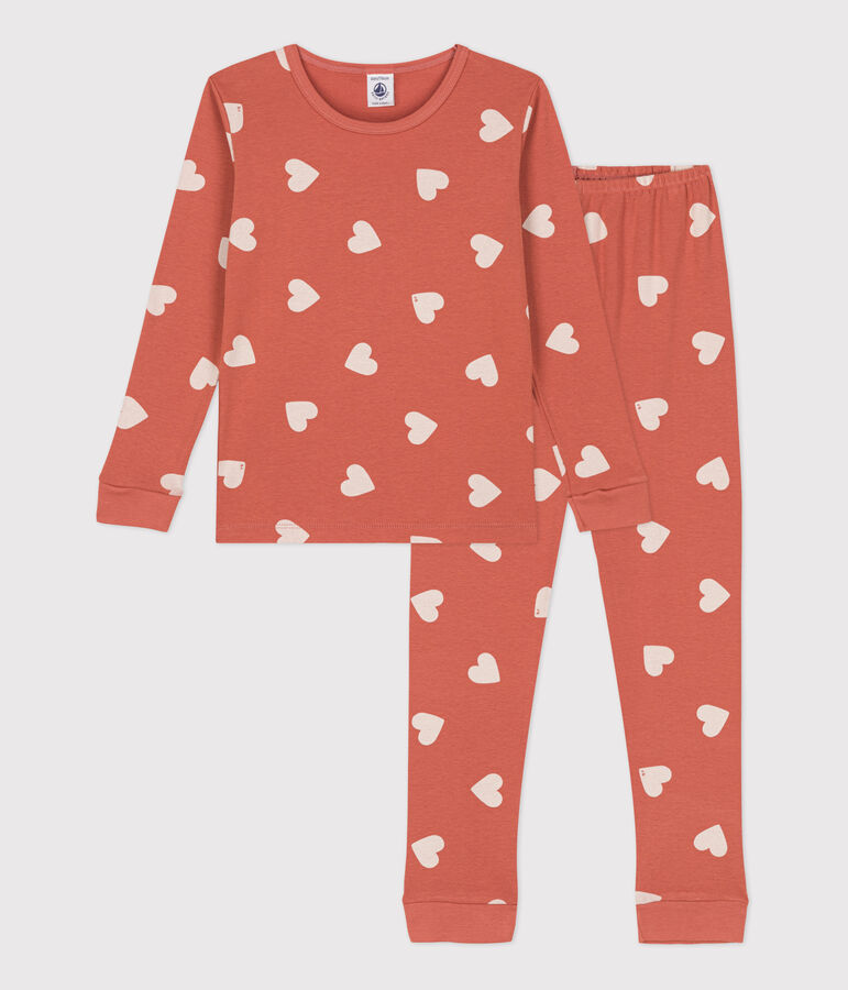 Pyjama ajust&eacute; c&oelig;ur en coton enfant rose/blanc