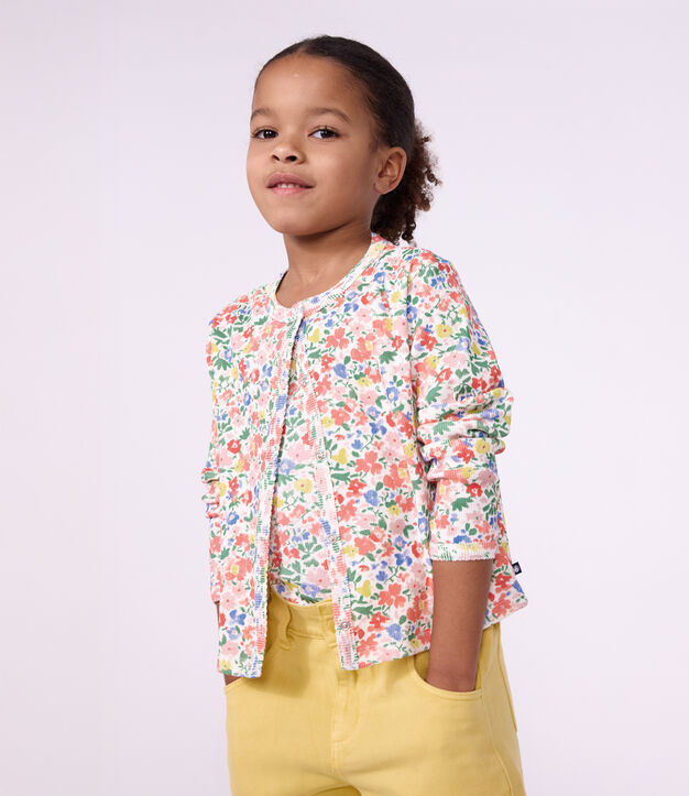 Cardigan enfant en coton &agrave; fleurs blanc/multicouleur