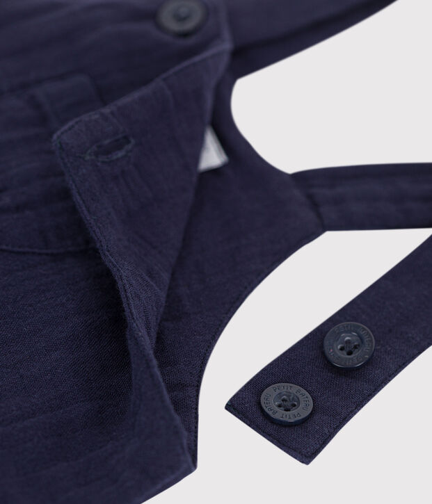 Salopette b&eacute;b&eacute; en gaze de coton jambes courtes, unie bleu