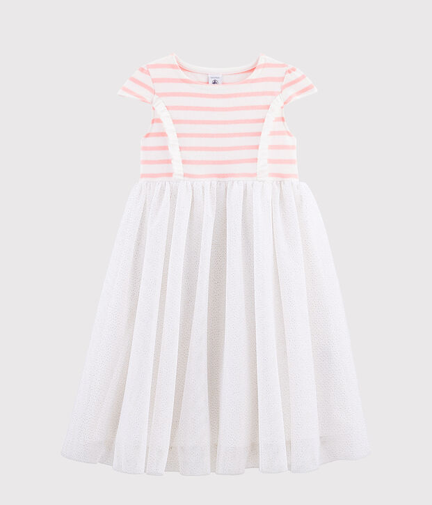Robe manches courtes enfant fille. blanc/rose