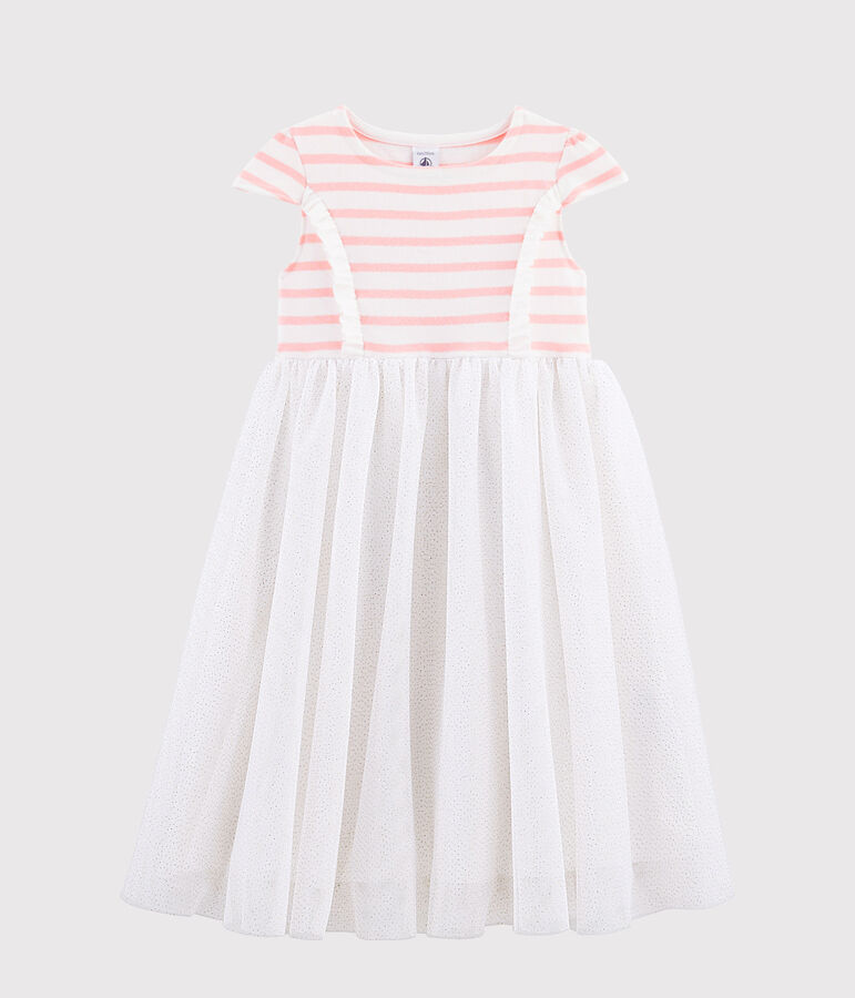 Robe manches courtes enfant fille. blanc/rose