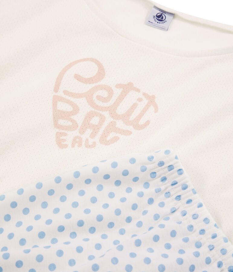 Pyjama fille en c&ocirc;te blanc MARSHMALLOW/bleu JASMIN