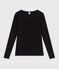 Tee-shirt col danseuse femme en laine et coton uni noir