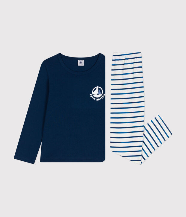 Pyjama  en coton manches longues blanc/bleu