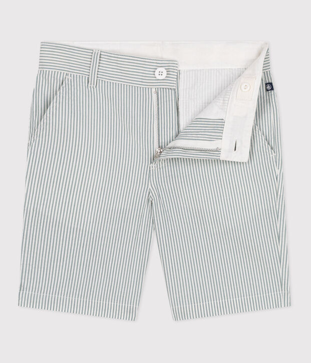 Bermuda short enfant en coton &agrave; rayures blanc/vert