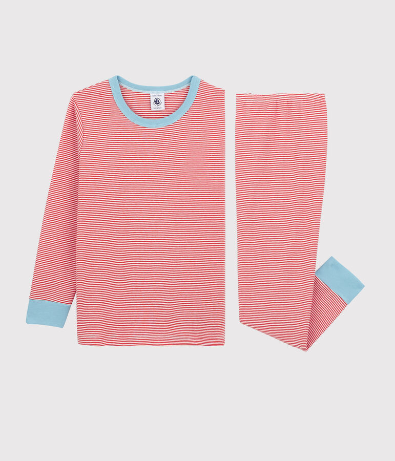 Pyjama ray&eacute; petit gar&ccedil;on en coton orange OURSIN/blanc MARSHMALLOW