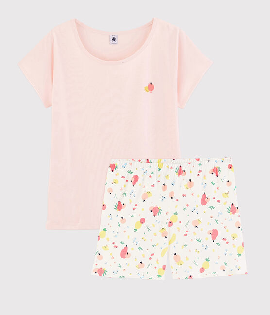 Pyjacourt imprimé fruits d'été fille - femme en coton biologique rose FLEUR/blanc MULTICO