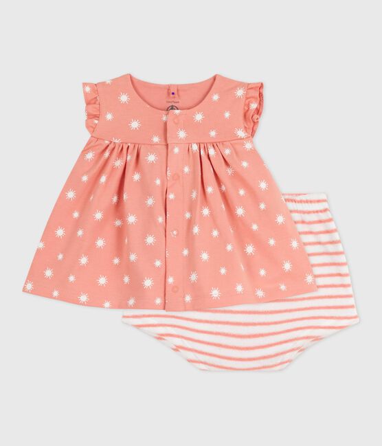 Ensemble naissance deux pièces en coton, imprimé soleils orange ABRICOT/ MARSHMALLOW