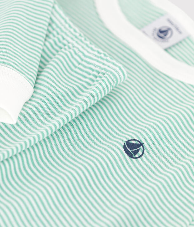 Pyjama enfant en coton &agrave; rayures vert/blanc