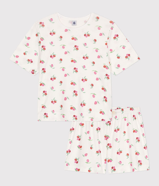 Pyjama short femme en coton imprim&eacute; fruits blanc/multicouleur
