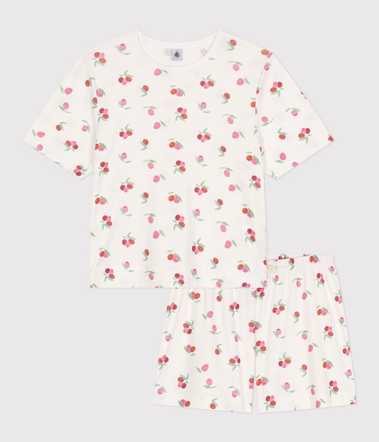 Pyjama short femme en coton imprim&eacute; fruits blanc/multicouleur
