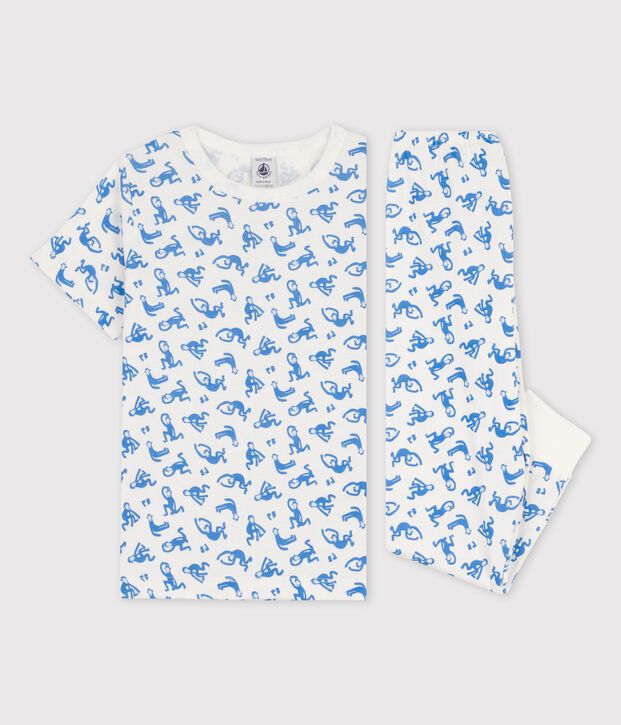 Pyjama manches courtes singes petit gar&ccedil;on en coton blanc/bleu