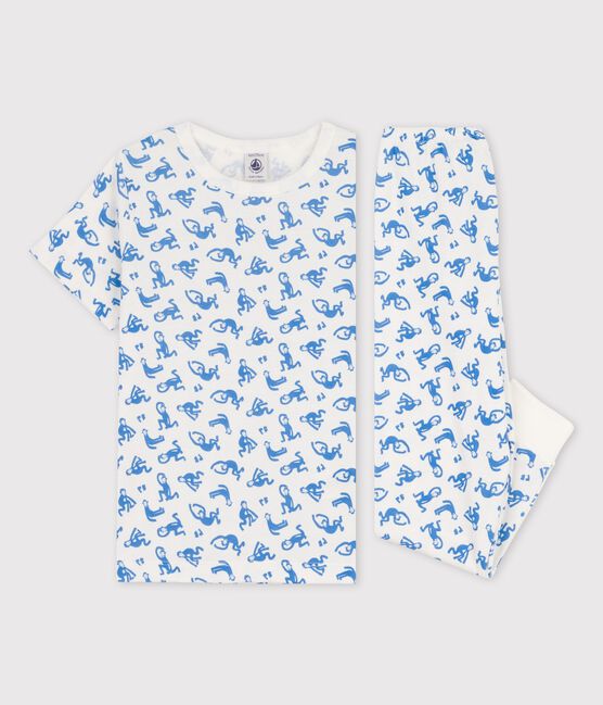 Pyjama manches courtes singes petit garçon en coton blanc MARSHMALLOW/bleu BRASIER