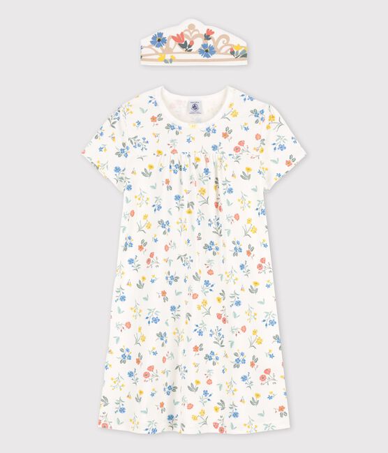Chemise de nuit manches courtes à fleurs petite fille en coton blanc MARSHMALLOW/blanc MULTICO