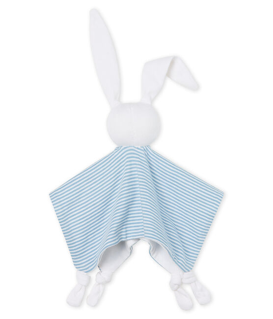 Doudou lapin bébé en côte bleu ACIER/blanc MARSHMALLOW