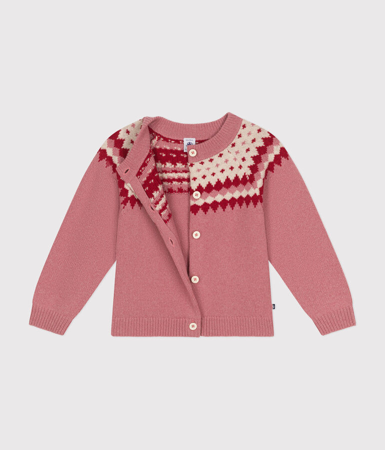 Cardigan jacquard laine et coton enfant fille rose ROSEWOOD/ AVALANCHE