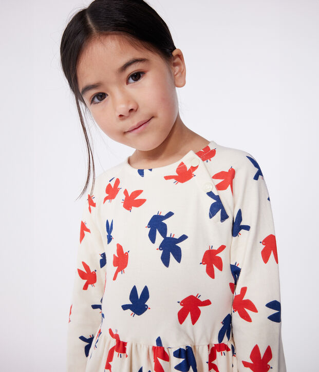 Robe enfant en coton manches longues imprim&eacute;e &eacute;cru/multicouleur