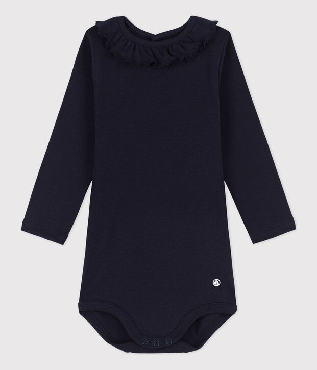 Body manches longues b&eacute;b&eacute; &agrave; collerette en coton bleu marine