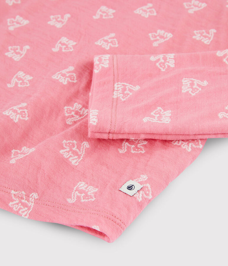 Pyjama jacquard chats petite fille en laine et coton rose/blanc