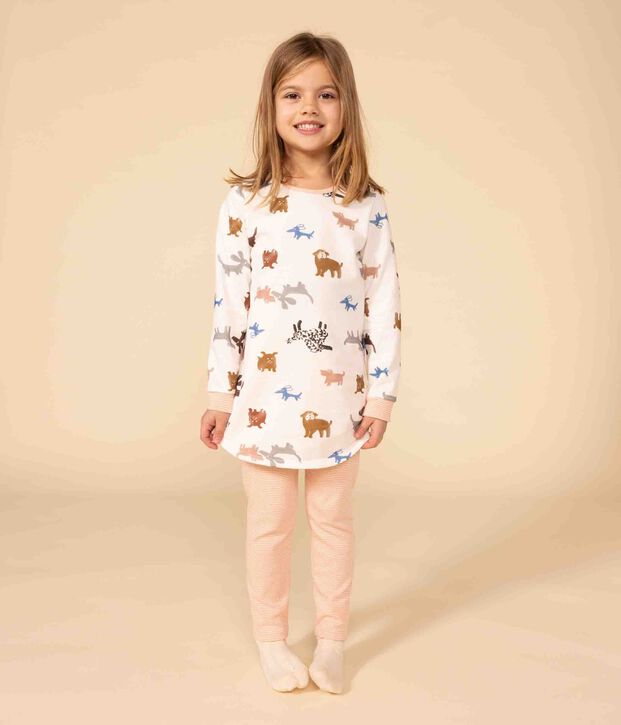 Chemise de nuit chien petite fille en molleton blanc/multicouleur
