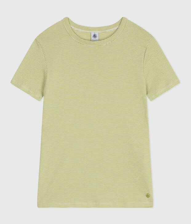Tee-shirt femme en coton manches courtes &agrave; rayures vert/blanc
