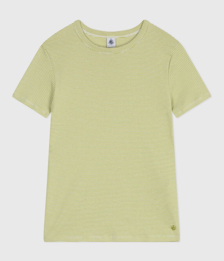 Tee-shirt femme en coton manches courtes &agrave; rayures vert MOSS/ MARSHMALLOW