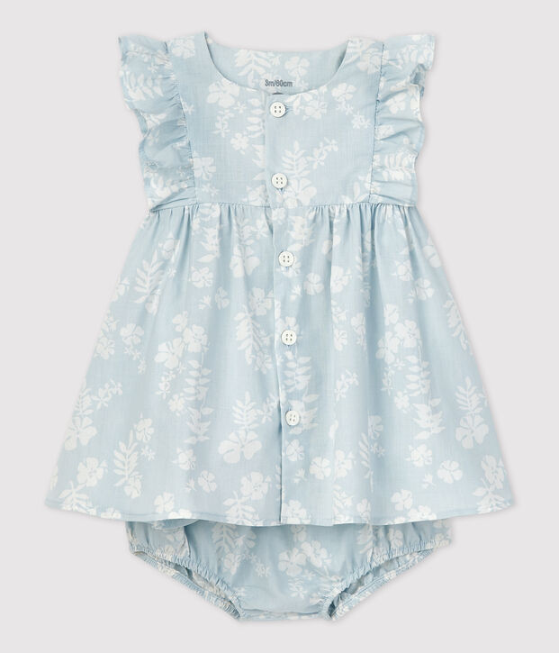 Robe avec bloomer imprim&eacute; Hawa&iuml; en popeline bio b&eacute;b&eacute; bleu/blanc