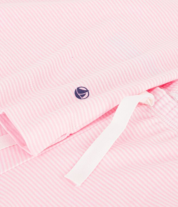 Pyjama femme en coton jambes larges &agrave; rayures rose/blanc