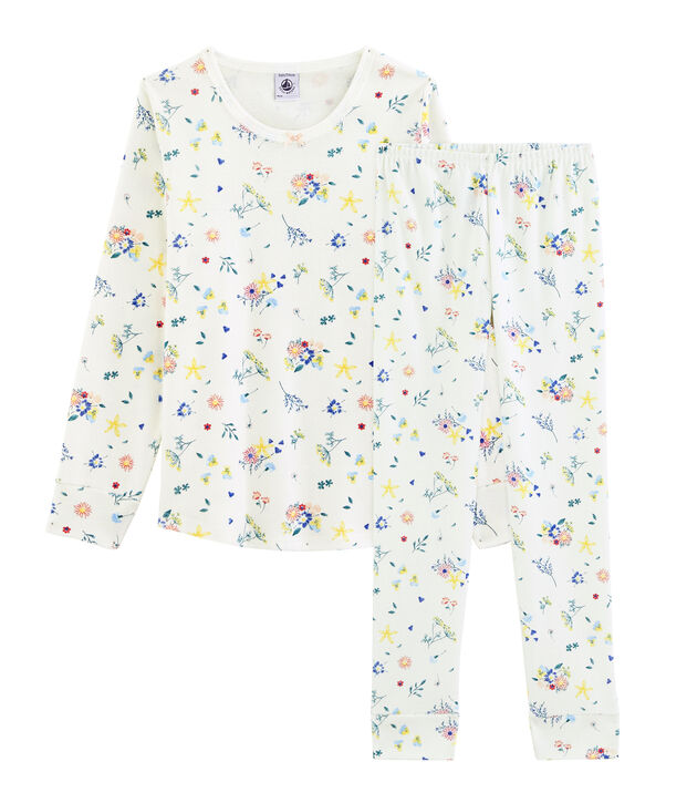 Pyjama petite fille en c&ocirc;te blanc/multicouleur