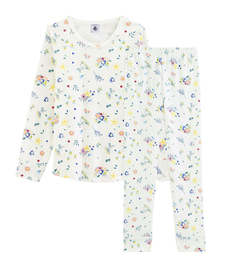 Pyjama petite fille en c&ocirc;te blanc MARSHMALLOW/blanc MULTICO