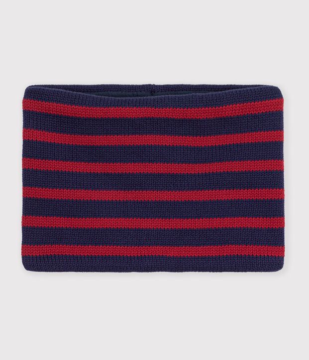 Snood enfant en tricot &agrave; rayures doubl&eacute; polaire bleu/rouge