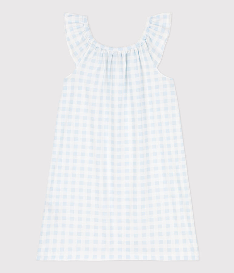 Chemise de nuit imprim&eacute; vichy en coton fin petite fille blanc/bleu