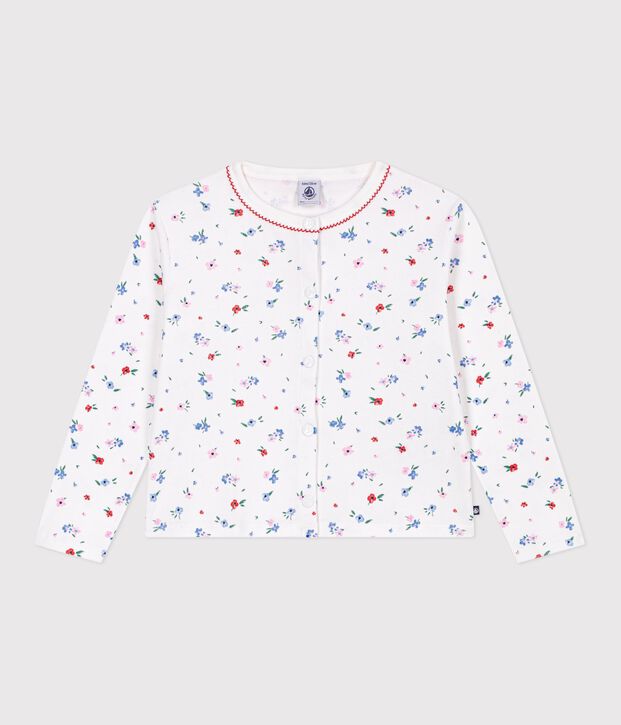 Cardigan enfant en coton imprim&eacute; fleurs blanc/multicouleur