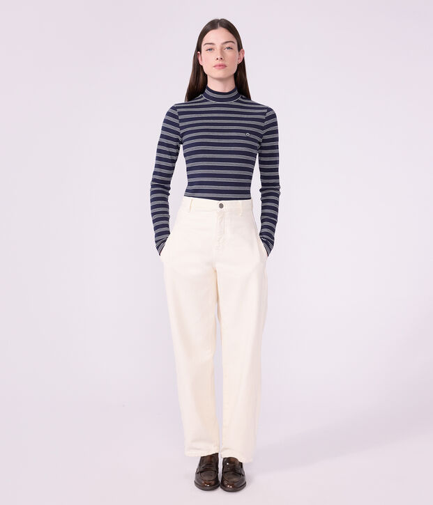Sous-pull femme en coton &agrave; rayures bleu/blanc