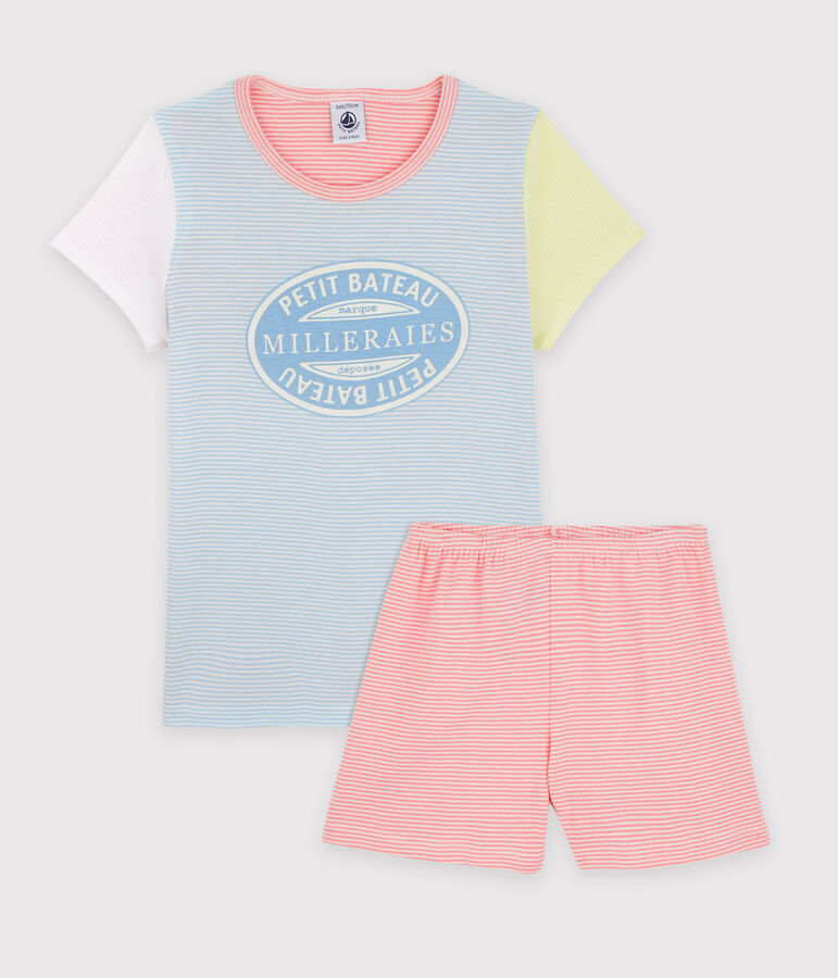 Pyjacourt milleraies color&eacute;s petite fille en coton bleu JASMIN/blanc MULTICO