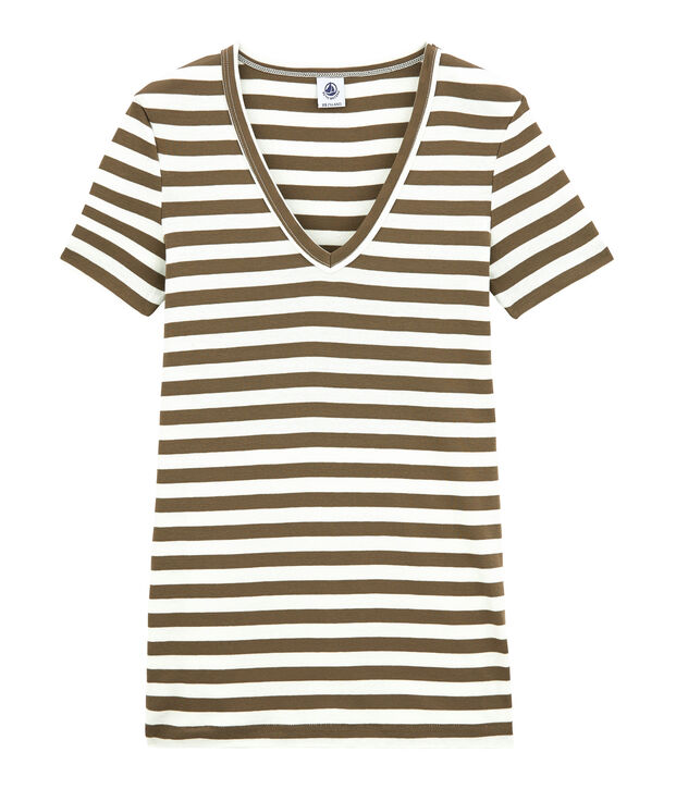 T-shirt femme col V en c&ocirc;te originale ray&eacute;e marron/blanc