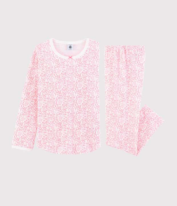 Pyjama fleur rose petite fille en c&ocirc;te blanc/rose