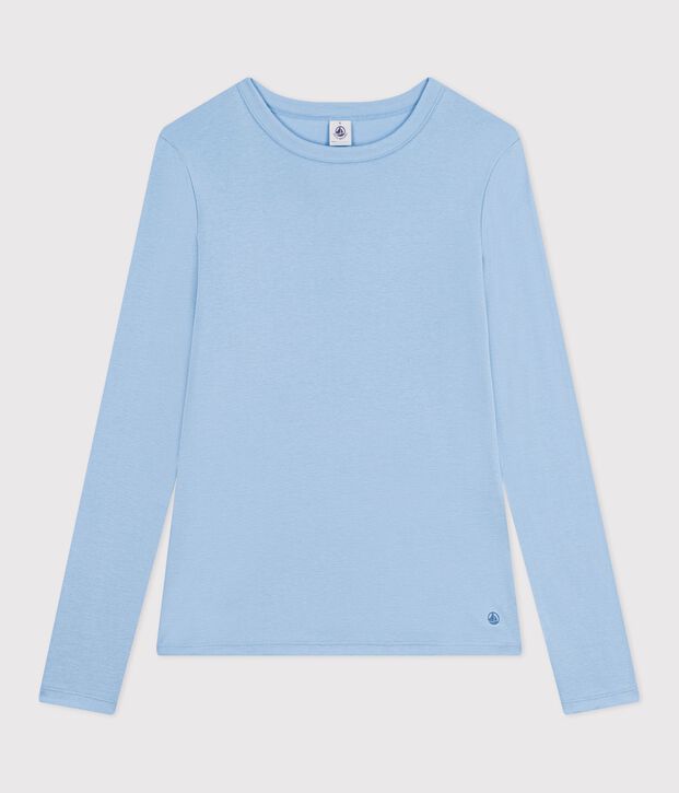 Tee-shirt femme en coton manches longue uni bleu clair