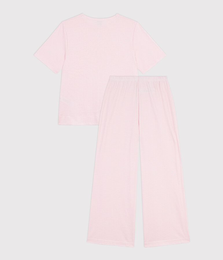 Pyjama femme en coton jambes larges &agrave; rayures rose/blanc