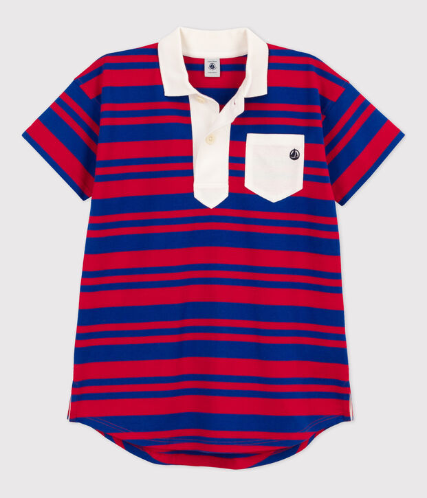Robe ray&eacute;e manches courtes en coton enfant fille bleu/rouge