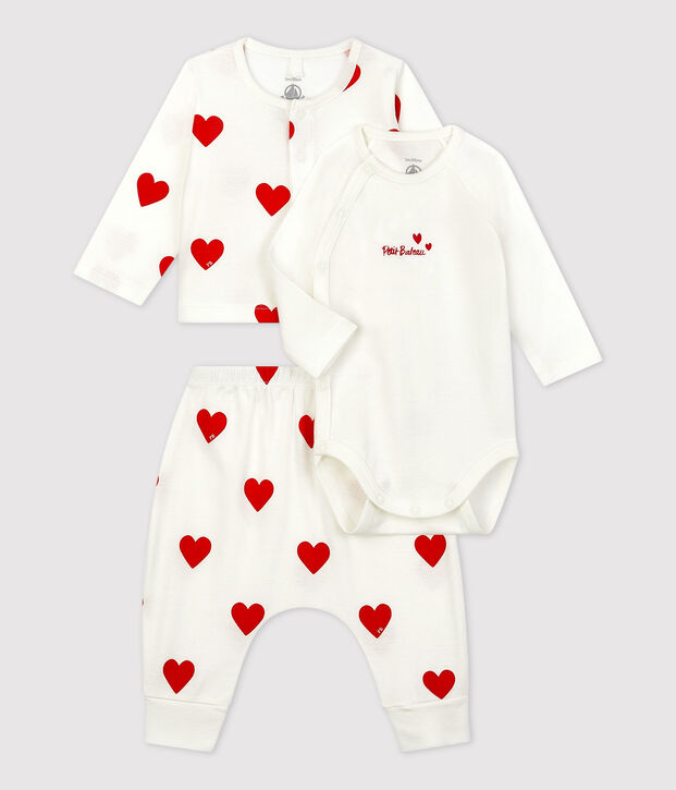 Ensemble 3 pi&egrave;ces imprim&eacute; c&oelig;ur en coton bio b&eacute;b&eacute; blanc/rouge