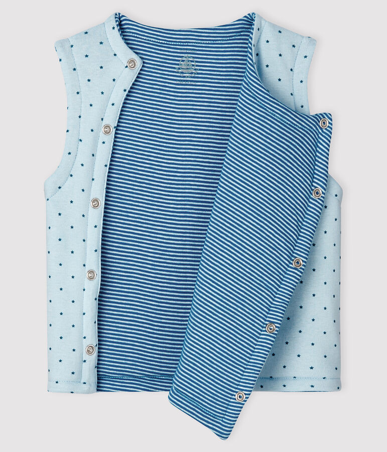Gilet bleu sans manches r&eacute;versible b&eacute;b&eacute; gar&ccedil;on en c&ocirc;te ouatin&eacute;e bleu FRAICHEUR/blanc MULTICO