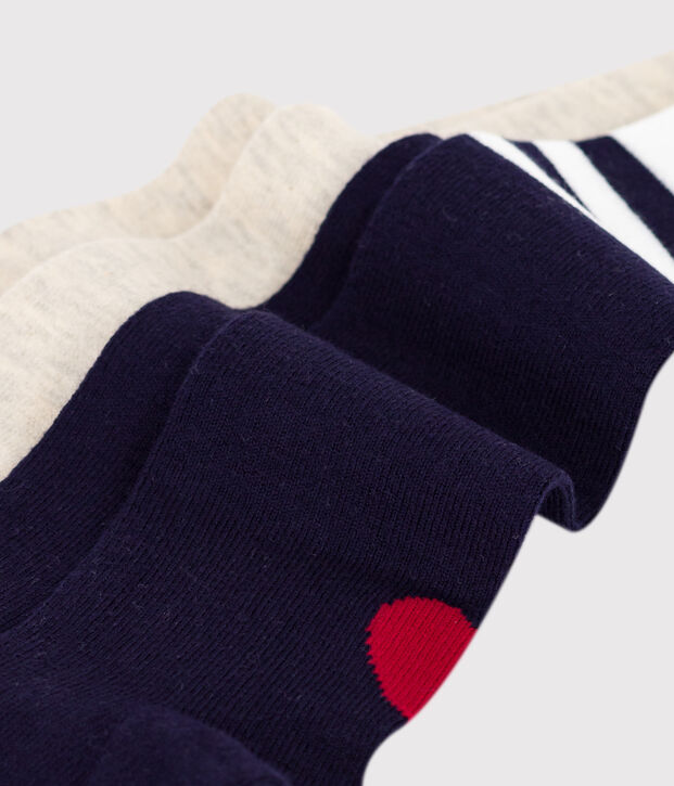 Lot de 2 collants b&eacute;b&eacute; en coton unis et motif c&oelig;ur bleu/beige