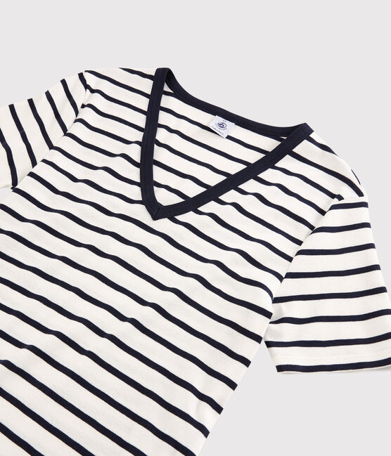 T-shirt col V iconique en coton rayé Femme blanc MARSHMALLOW/bleu SMOKING