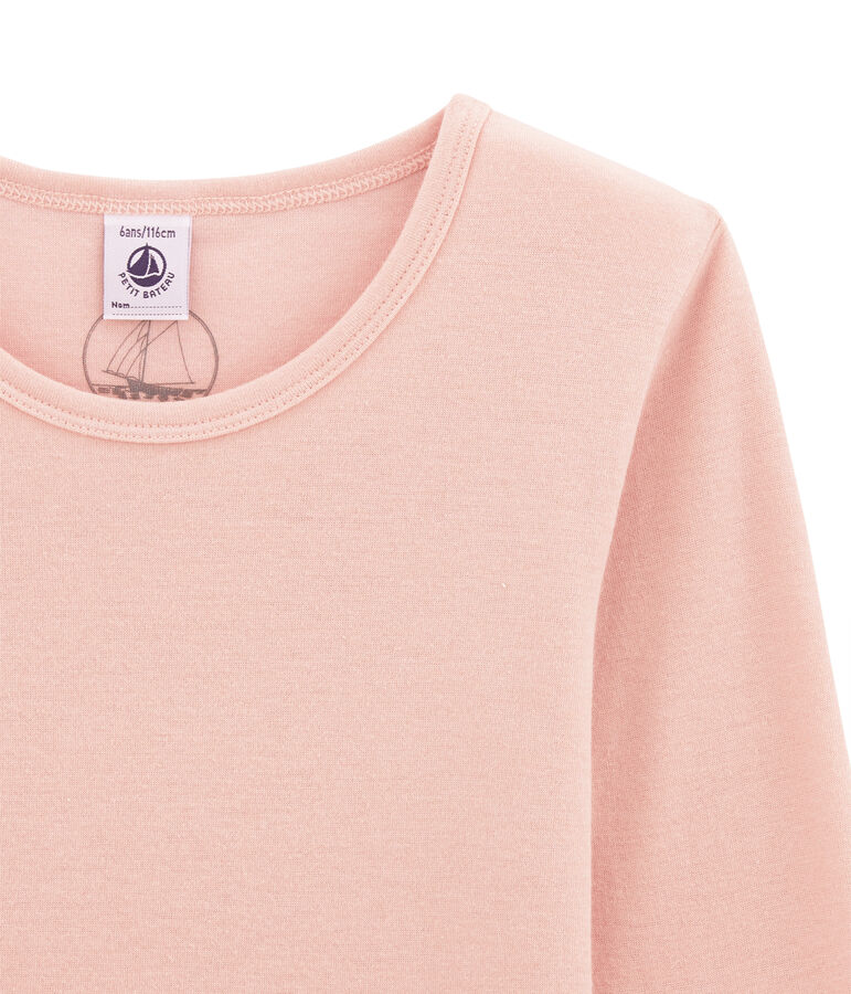 tee-shirt manches longues petite fille en laine et coton rose