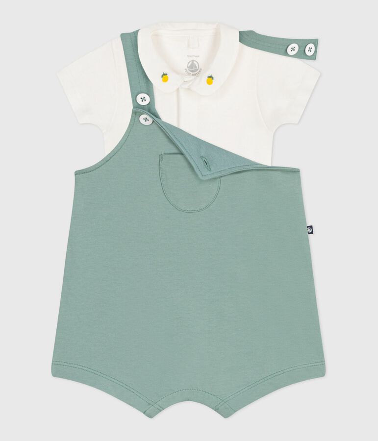 Ensemble naissance salopette et body brod&eacute; en coton uni vert PAUL